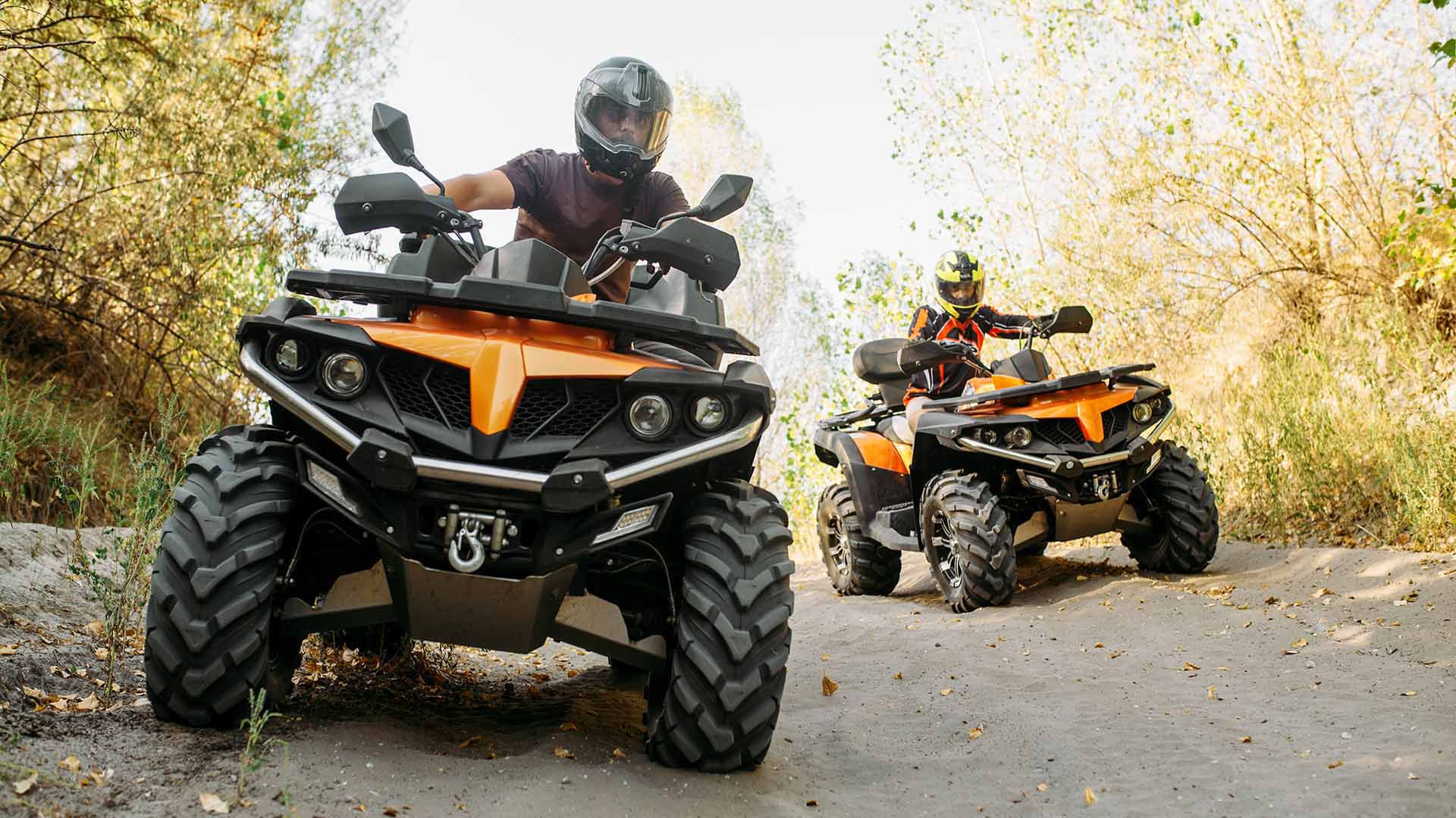 Two people riding ATVs through the woods