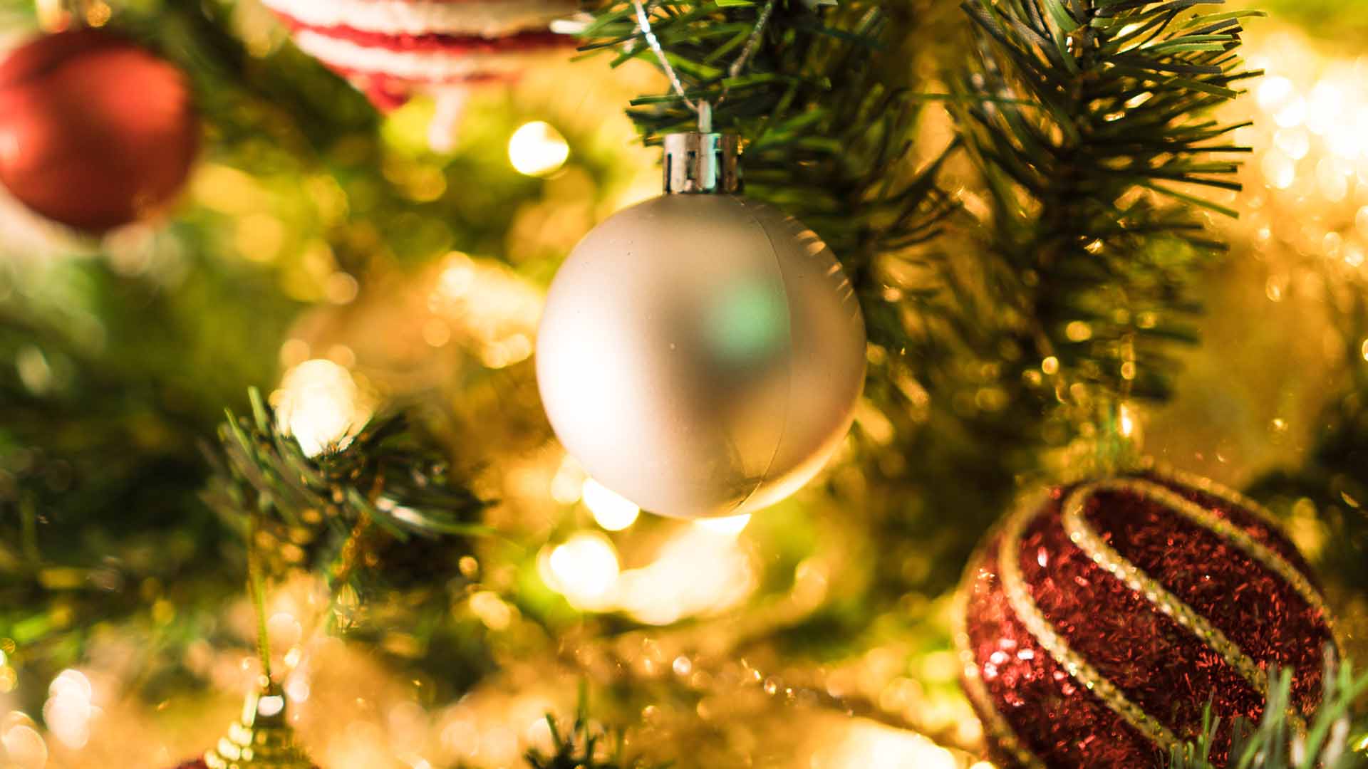 Close up of Christmas ornaments on a Christmas tree