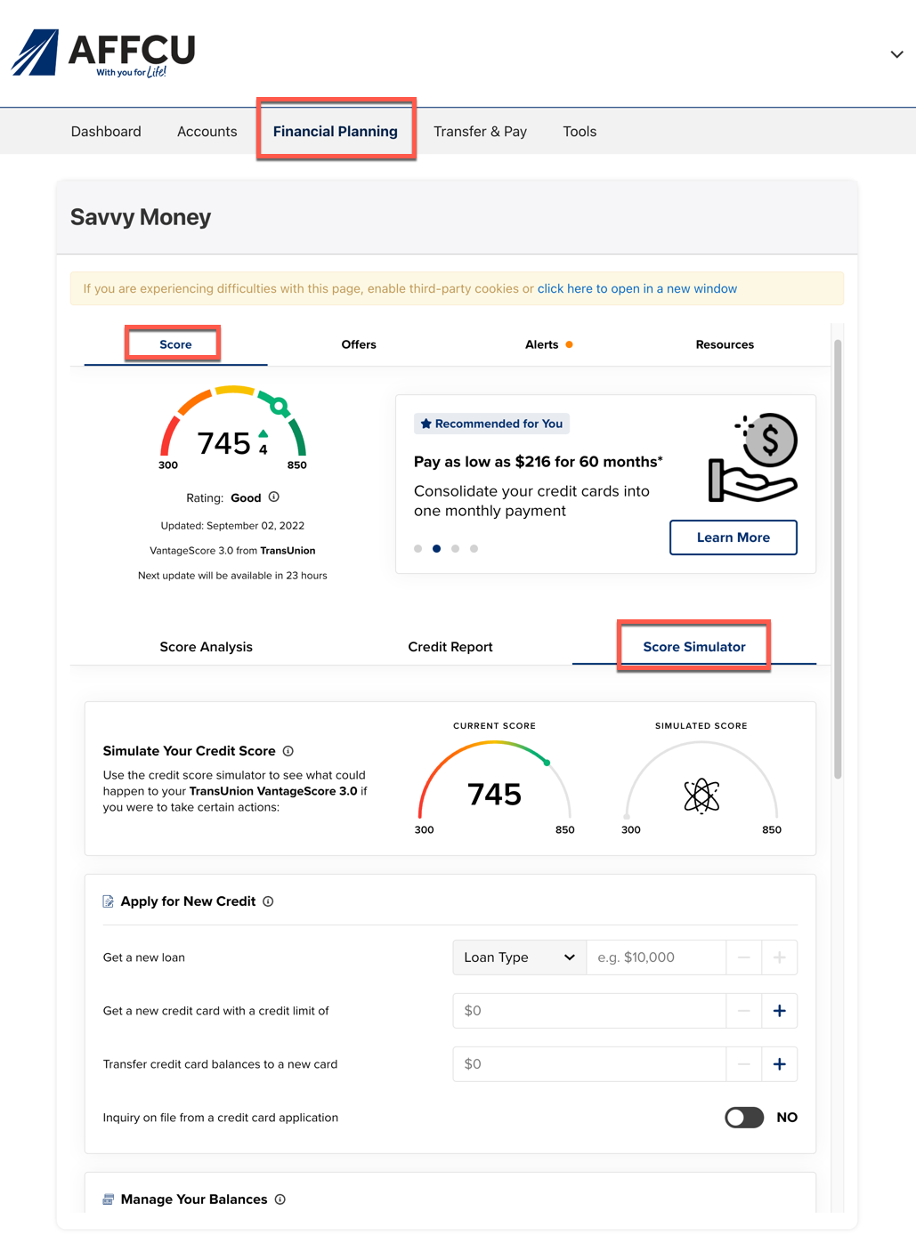Image of the Simulator Tool in Credit Score by SavvyMoney